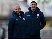 29 March 2024; Mark Coyle of Shelbourne, left, before the SSE Airtricity Men's Premier Division match between Shelbourne and Dundalk at Tolka Park in Dublin. Photo by Tyler Miller/Sportsfile