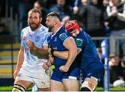 29 March 2024; Michael Milne of Leinster celebrates with teammate Josh van der Flier after scoring his side's fourth try  during the United Rugby Championship match between Leinster and Vodacom Bulls at the RDS Arena in Dublin. Photo by Harry Murphy/Sportsfile