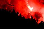 29 March 2024; Shelbourne supporters celebrate after their team scores their first goal during the SSE Airtricity Men's Premier Division match between Shelbourne and Dundalk at Tolka Park in Dublin. Photo by Tyler Miller/Sportsfile