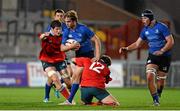 13 September 2013; Sean Coughlan, Leinster, is tackled by Jack O'Donoghue, left, and Ned Hodson, Munster. Under 20 Interprovincial, Munster v Leinster, Thomond Park, Limerick. Picture credit: Diarmuid Greene / SPORTSFILE