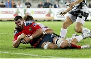 13 September 2013; Paddy Butler, Munster, scores his side's first try. Celtic League 2013/14, Round 2, Zebre v Munster, Stadio XXV Aprile, Parma, Italy. Picture credit: Roberto Bregani / SPORTSFILE