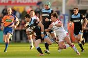 13 September 2013; Tommy Seymour, Glasgow Warriors, is tackled by Michael Allen, Ulster. Celtic League 2013/14, Round 2, Ulster v Glasgow Warriors, Ravenhill Park, Belfast, Co. Antrim. Picture credit: Oliver McVeigh / SPORTSFILE