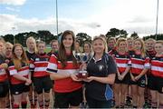 14 September 2013; Wicklow RFC team captain Rachel Griffey is presented with the Under-18 cup by Leinster Rugby's Debbie Carthy at the South East Underage Blitz. Wexford Wanderers RFC, Wexford. Picture credit: Matt Browne / SPORTSFILE