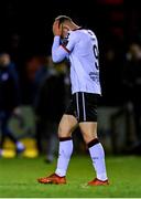 29 March 2024; Jamie Gullan of Dundalk reacts after his side's defeat in the SSE Airtricity Men's Premier Division match between Shelbourne and Dundalk at Tolka Park in Dublin. Photo by Tyler Miller/Sportsfile