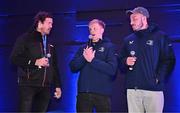 29 March 2024; MC and former Leinster player Mike McCarthy interviews Leinster players Tommy O'Brien and Will Connors before the United Rugby Championship match between Leinster and Vodacom Bulls at the RDS Arena in Dublin. Photo by Seb Daly/Sportsfile