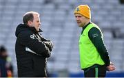 30 March 2024; Leitrim manager Andy Moran, right, and assistant manager Mickey Graham during the Allianz Football League Division 4 final match between Laois and Leitrim at Croke Park in Dublin. Photo by Ramsey Cardy/Sportsfile