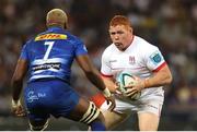 30 March 2024; Steven Kitshoff of Ulster attempts to get past Hacjivah Dayimani of DHL Stormers during the United Rugby Championship match between DHL Stormers and Ulster at DHL Stadium in Cape Town, South Africa. Photo by Shaun Roy/Sportsfile