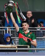 31 March 2024; Mayo captain David Kenny lifts the cup after the Allianz Hurling League Division 3A Final match between Mayo and Sligo at Hastings Insurance MacHale Park in Castlebar, Mayo. Photo by Tyler Miller/Sportsfile