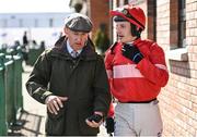 31 March 2024; Clerk of the course Brendan Sheridan, left, and jockey Paul Townend before the Ryan's Cleaning Maiden Hurdle on day two of the Fairyhouse Easter Festival at Fairyhouse Racecourse in Ratoath, Meath. Photo by Seb Daly/Sportsfile