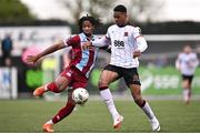 1 April 2024; Zishim Bawa of Drogheda United in action against Mayowa Animasahun of Dundalk during the SSE Airtricity Men's Premier Division match between Dundalk and Drogheda United at Oriel Park in Dundalk, Louth. Photo by Ben McShane/Sportsfile