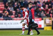 1 April 2024; Jake Mulraney of St Patrick's Athletic leaves the field with an injury during the SSE Airtricity Men's Premier Division match between St Patrick's Athletic and Sligo Rovers at Richmond Park in Dublin. Photo by Harry Murphy/Sportsfile