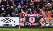 1 April 2024; Luke Turner of St Patrick's Athletic celebrates after scoring his side's second goal during the SSE Airtricity Men's Premier Division match between St Patrick's Athletic and Sligo Rovers at Richmond Park in Dublin. Photo by Harry Murphy/Sportsfile