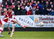 1 April 2024; Mason Melia of St Patrick's Athletic shoots to score his side's third goal during the SSE Airtricity Men's Premier Division match between St Patrick's Athletic and Sligo Rovers at Richmond Park in Dublin. Photo by Harry Murphy/Sportsfile