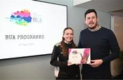 2 April 2024; Tyra Douglas of Aghadrumsee, Fermanagh, receives her BUA graduation certificate from LFGA head of volunteer development Niall Mulrine at the 2024 BUA graduation ceremony at Croke Park Stadium, Dublin. The BUA programme is a self-development initiative aimed at supporting young people in the Ladies Gaelic Football Association to develop leadership skills and qualities to benefit their communities. Photo by Harry Murphy/Sportsfile