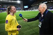 5 April 2024; Sky player of the match Republic of Ireland goalkeeper Courtney Brosnan is interviewed by RTÉ's Tony O'Donoghue after the UEFA Women's European Championship qualifying group A match between France and Republic of Ireland at Stade Saint-Symphorien in Metz, France. Photo by Stephen McCarthy/Sportsfile