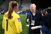 5 April 2024; RTÉ's Tony O'Donoghue interviews the Sky player of the match Republic of Ireland goalkeeper Courtney Brosnan after the UEFA Women's European Championship qualifying group A match between France and Republic of Ireland at Stade Saint-Symphorien in Metz, France. Photo by Stephen McCarthy/Sportsfile