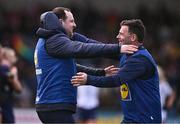 6 April 2024; Carlow manager Ed Burke, left, and Carlow mentor Simon Cummons celebrate after the Lidl LGFA National League Division 4 final match between Carlow and Limerick at St Brendan’s Park in Birr, Offaly. Photo by Ben McShane/Sportsfile