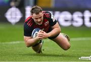 7 April 2024; Seán O’Brien of Munster scores his side's first try during the Investec Champions Cup Round of 16 match between Northampton Saints and Munster at cinch Stadium at Franklin’s Gardens in Northampton, England. Photo by Brendan Moran/Sportsfile