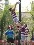 7 April 2024; Sean O'Brien of Tullow RFC takes the ball in the lineout against Gorey RFC during the Bank of Ireland Provincial Towns Cup semi-final match between Gorey and Tullow at Enniscorthy RFC in Wexford. Photo by Matt Browne/Sportsfile