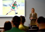 10 April 2024; Trinity College student sport pathway manager and Mayo Ladies Gaelic Footballer Lisa Cafferky speaks during the Activating The Sport Sector For Sustainability ACCESS GAA Multiplier Event at Croke Park in Dublin. Photo by Harry Murphy/Sportsfile