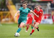 13 April 2024; Scarlett Herron of Shamrock Rovers in action against Rebecca Devereux of Shelbourne during the SSE Airtricity Women's Premier Division match between Shelbourne and Shamrock Rovers at Tolka Park in Dublin. Photo by Stephen McCarthy/Sportsfile