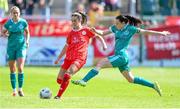 13 April 2024; Alex Kavanagh of Shelbourne in action against Áine O'Gorman of Shamrock Rovers during the SSE Airtricity Women's Premier Division match between Shelbourne and Shamrock Rovers at Tolka Park in Dublin. Photo by Stephen McCarthy/Sportsfile