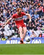 31 March 2024; Conor Glass of Derry takes a penalty in the penalty shoot-out of the Allianz Football League Division 1 Final match between Dublin and Derry at Croke Park in Dublin. Photo by Piaras Ó Mídheach/Sportsfile