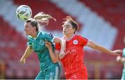 13 April 2024; Shauna Fox of Shamrock Rovers in action against Jemma Quinn of Shelbourne during the SSE Airtricity Women's Premier Division match between Shelbourne and Shamrock Rovers at Tolka Park in Dublin. Photo by Stephen McCarthy/Sportsfile