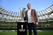 16 April 2024; The UEFA Europa League Final ambassador John O'Shea with the trophy at the Aviva Stadium ahead of the 2023/24 UEFA Europa League Final which will take place on Wednesday, May 22 in Dublin. Photo by Stephen McCarthy/Sportsfile