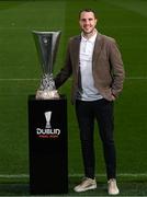 16 April 2024; The UEFA Europa League Final ambassador John O'Shea with the trophy at the Aviva Stadium ahead of the 2023/24 UEFA Europa League Final which will take place on Wednesday, May 22 in Dublin. Photo by Stephen McCarthy/Sportsfile