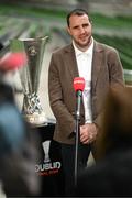 16 April 2024; The UEFA Europa League Final ambassador John O'Shea with the trophy at the Aviva Stadium ahead of the 2023/24 UEFA Europa League Final which will take place on Wednesday, May 22 in Dublin. Photo by Stephen McCarthy/Sportsfile