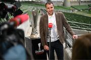 16 April 2024; The UEFA Europa League Final ambassador John O'Shea with the trophy at the Aviva Stadium ahead of the 2023/24 UEFA Europa League Final which will take place on Wednesday, May 22 in Dublin. Photo by Stephen McCarthy/Sportsfile