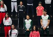 18 April 2024; The Team Ireland Adidas Paris 2024 kit is revealed by rugby 7's player Lucy Mulhall and rower Philip Doyle and athletes from other nations at the official launch of the Olympic and Paralympic Games ‘Road to Paris’ Adidas event in Paris. Photo by David Fitzgerald/Sportsfile