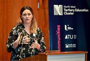 19 April 2024; Dr Maria Faulkner gives a welcome address during the Professional Women in Sport, Exercise, Physical Activity and Health network event at the Farnham Estate in Cavan. Photo by Sam Barnes/Sportsfile