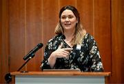 19 April 2024; Dr Maria Faulkner gives a welcome address during the Professional Women in Sport, Exercise, Physical Activity and Health network event at the Farnham Estate in Cavan. Photo by Sam Barnes/Sportsfile