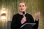 19 April 2024; OFI President and Swim Ireland Chief Executive Sarah Keane speaking in a panel discussion during the Professional Women in Sport, Exercise, Physical Activity and Health network event at the Farnham Estate in Cavan. Photo by Sam Barnes/Sportsfile