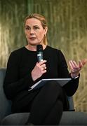 19 April 2024; OFI President and Swim Ireland Chief Executive Sarah Keane speaking in a panel discussion during the Professional Women in Sport, Exercise, Physical Activity and Health network event at the Farnham Estate in Cavan. Photo by Sam Barnes/Sportsfile