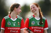 20 April 2024; Mayo players Rebekah Monaghan, left, and Éabha Delaney share a joke after their side's victory in the Electric Ireland All-Ireland Camogie Minor B Championship semi-final 1 match between Cavan and Mayo at Duggan Park in Ballinasloe, Galway. Photo by Sam Barnes/Sportsfile