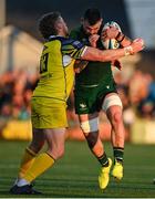 20 April 2024; Conor Oliver of Connacht is tackled Scott Gregory of Zebre during the United Rugby Championship match between Connacht and Zebre Parma at Dexcom Stadium in Galway. Photo by Sam Barnes/Sportsfile