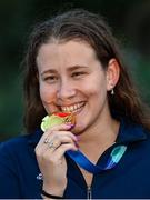 22 April 2024; Róisín Ní Ríain of Ireland with her gold medal after winning the Women's 100m Breaststroke SB13 Final during day two of the Para Swimming European Championships at the Penteada Olympic Pools Complex in Funchal, Portugal. Photo by Ramsey Cardy/Sportsfile