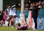 26 April 2024; Jack Keaney of Drogheda United is fouled by Wilson Waweru of Sligo Rovers during the SSE Airtricity Men's Premier Division match between Drogheda United and Sligo Rovers at Weavers Park in Drogheda, Louth. Photo by Shauna Clinton/Sportsfile