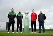 30 April 2023; In attendance, from left, Cockhill Celtic manager Gavin Cullen, Cockhill Celtic player Peter Doherty, Gorey Rangers captain Gavin O'Brien and Gorey Rangers manager William Peare during an FAI Junior Cup media day at FAI HQ in Dublin. Photo by Ben McShane/Sportsfile