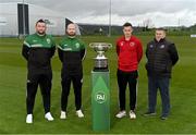 30 April 2023; In attendance, from left, Cockhill Celtic manager Gavin Cullen, Cockhill Celtic player Peter Doherty, Gorey Rangers captain Gavin O'Brien and Gorey Rangers manager William Peare during an FAI Junior Cup media day at FAI HQ in Dublin. Photo by Ben McShane/Sportsfile