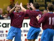 2 August 2004; Declan O'Brien, Drogheda United, celebrates after scoring a goal with team-mates Barry Mollloy, 8, and Gary Cronin, 11. eircom League, Premier Divison, Drogeda United v Cork City, United Park, Drogheda, Co. Louth. Soccer. Picture credit; Damien Eagers / SPORTSFILE