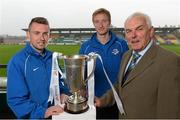 17 September 2013; Drogheda United manager Mick Cooke with players, Philip Hand, left, and Paul O'Connor during a media day ahead of their EA Sports Cup Final against Shamrock Rovers on Saturday. Tallaght Stadium, Tallaght, Co. Dublin. Picture credit: David Maher / SPORTSFILE