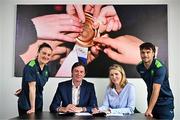 7 May 2024; Key Patent Innovation announced as Official Team Ireland Partner ahead of the Paris Olympic Games at Olympic House in Sport Ireland Campus, Dublin. In attendance at the announcement are, from left, Team Ireland Boxer Kellie Harrington, OFI Chief Executive Officer Peter Sherrard, Key Patent Innovations Chief Executive Officer Angela Quinlan and Team Ireland Hockey player Darragh Walsh. Photo by Sam Barnes/Sportsfile