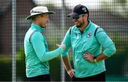 9 May 2024; Head coach Heinrich Malan, left, and performance analyst Scott Irvine during an Ireland men’s T20 squad training session at Castle Avenue Cricket Ground in Dublin. Photo by Seb Daly/Sportsfile