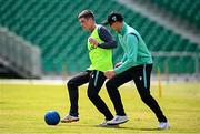 9 May 2024; Neil Rock, left, and Lorcan Tucker during an Ireland men’s T20 squad training session at Castle Avenue Cricket Ground in Dublin. Photo by Seb Daly/Sportsfile