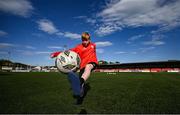 10 May 2024; Derry City supporter Leighton Doherty, age 12, before the SSE Airtricity Men's Premier Division match between Derry City and Bohemians at The Ryan McBride Brandywell Stadium in Derry. Photo by Ramsey Cardy/Sportsfile