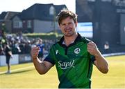 10 May 2024; Barry McCarthy of Ireland after his side's victory in match one of the Floki Men's T20 International Series between Ireland and Pakistan at Castle Avenue Cricket Ground in Dublin. Photo by Seb Daly/Sportsfile